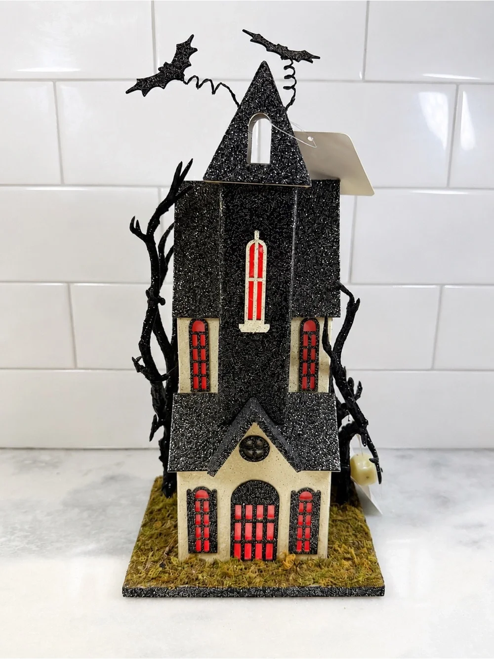 Halloween Putz Style Glitter Steeple House Bats LED Light-Up Black 12” New